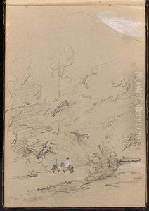 Two Men on Horses Crossing a Stream