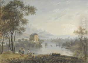 Figures Dancing And Playing Musical Instruments In A Claudian Landscape by Adam Callander