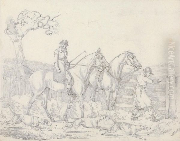 Hunting -Ttwo Riders, One Opening a Gate For Hounds - view 1