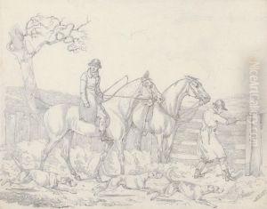 Hunting -Ttwo Riders, One Opening a Gate For Hounds by Henry Thomas Alken