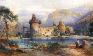 Lakeside Castle Ruins With Mountains Behind by A. Callcott