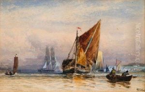 Barges And Other Vessels On Still Waters With Quayside Beyond