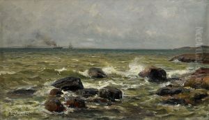 Kustvy med segelfartyg i horisonten by Berndt Lindholm