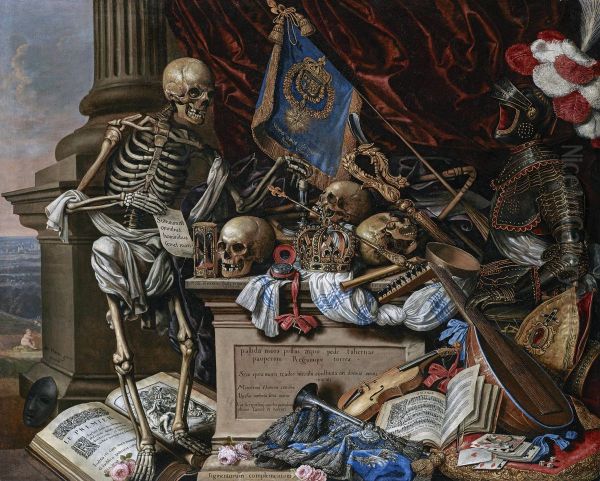 Vanitas Still Life with Musical Instruments, Sheet Music, Books, a Skeleton, Skulls and Armour - view 1