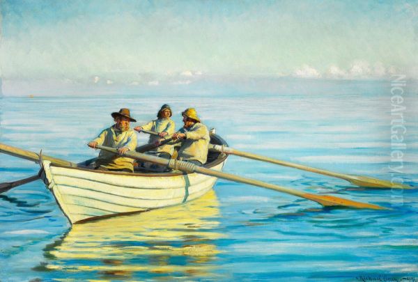 Three fishermen in a boat. - view 1