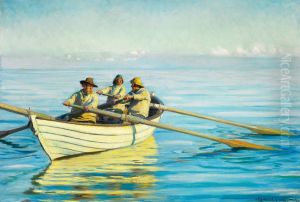 Three fishermen in a boat. by Michael Peter Ancher