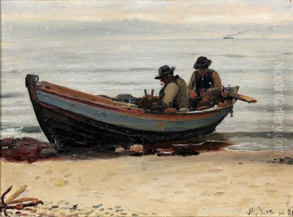 Two fishermen mending nets in their boat on the beach. - view 1