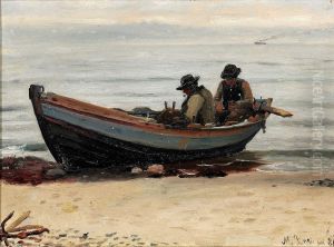 To fiskere der boder garn i deres bad pa stranden. by Michael Peter Ancher