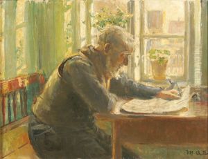 An old man reading his newspaper by the window. by Michael Peter Ancher