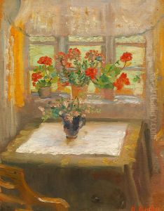Flowers in the window of the small living room facing north. by Anna Ancher