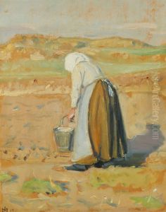 Ole Markstroms hustru arbejder pa stranden. by Michael Peter Ancher