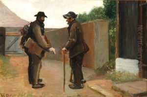 Soren Bondhagen i snak med en gammel skawbo. by Michael Peter Ancher