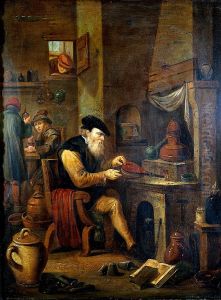 An alchemist in his laboratory. by David Teniers the Younger