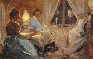 Interior with two women doing portraits of Mrs. Ane Brondum. by Michael Peter Ancher