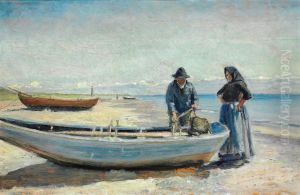 Parti fra Skagen Sonderstrand med en fisker og hans kone ved en bad, i baggrunden fyret. by Michael Peter Ancher