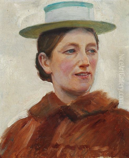 Portraet af Anna Ancher med gronstribet strahat. - view 1