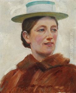 Portraet af Anna Ancher med gronstribet strahat. by Michael Peter Ancher