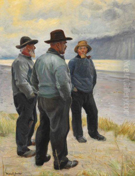 Three fishermen on the beach at Skagen. - view 1