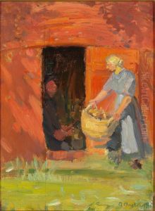 Young woman carrying the washing at a red house in Skagen. by Anna Ancher