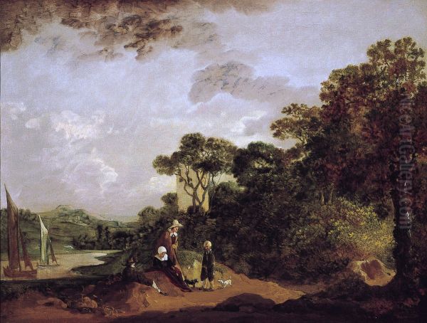 Wooded River Landscape with Peasants Resting and Church Tower - view 1