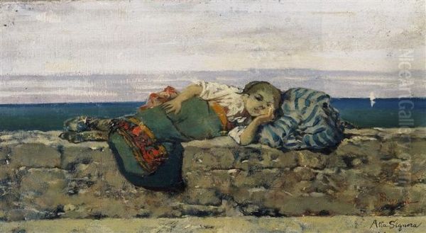 Young peasant girl lying on the parapet - view 1