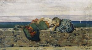 Young peasant girl lying on the parapet by Telemaco Signorini