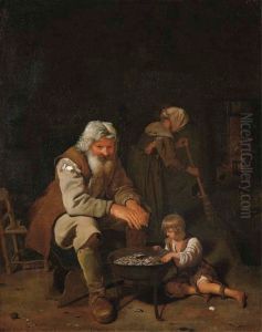 Interior with an old man and a boy by a fire pit and a woman sweeping the floor (Allegory of Winter)