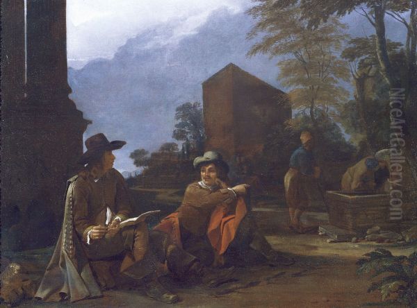 An artist sketching by a fountain with other figures - view 1