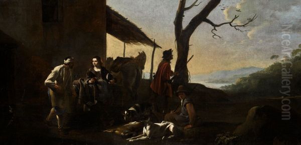 Hunting party resting by an inn - view 1