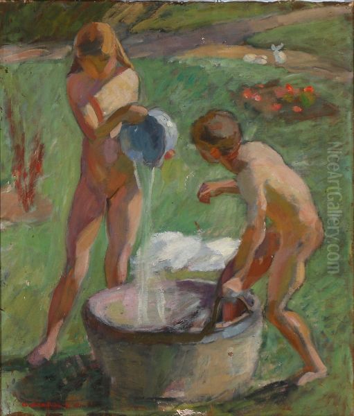 To born i en sommerhave gor badet klart - view 1