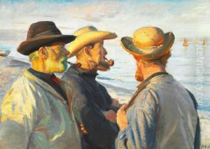 Three fishermen on the beach at Skagen in the evening sun. by Michael Peter Ancher