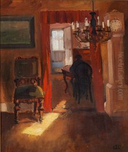 Skageninterior med en solstribe pa gulvet. by Anna Ancher