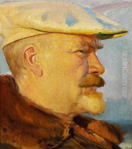 Self-portrait with a white painter's cap in the evening sun. by Michael Peter Ancher