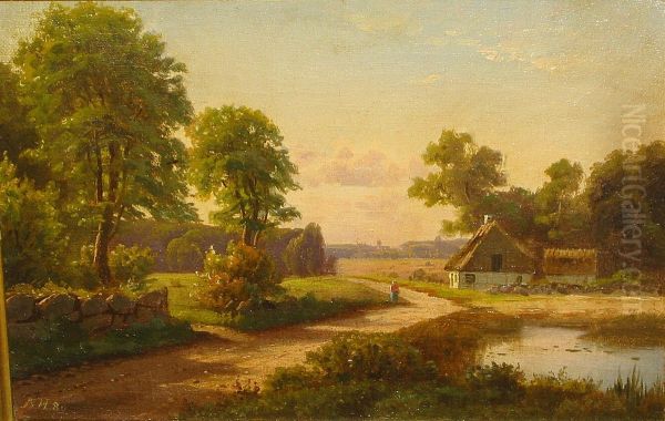 A woman walking near a village pond in summer. - view 1