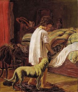 Bedtime. Little boy and puppy turn in. by Axel Helsted