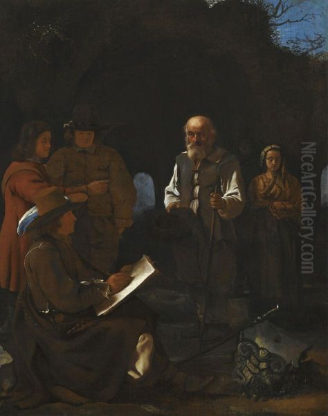 Young artist seated drawing among roman ruins, two friends behind him and a beggar with his family before him - view 1