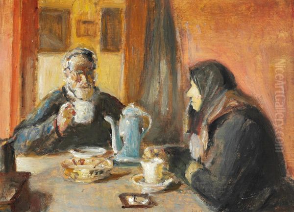 Interior with an elderly couple drinking coffee. - view 1