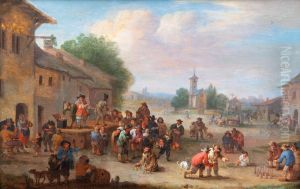 Joyous village scene with a quack selling his goods and children playing
