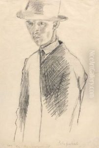 Selvportrett med hatt og frakk by Bjarne Ness