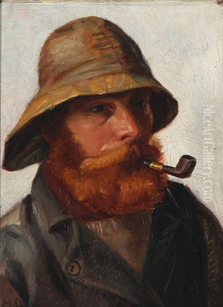 Red-bearded fisherman with a yellow souwester smoking a pipe. - view 1