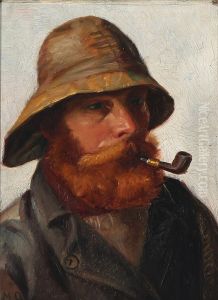 Red-bearded fisherman with a yellow souwester smoking a pipe.