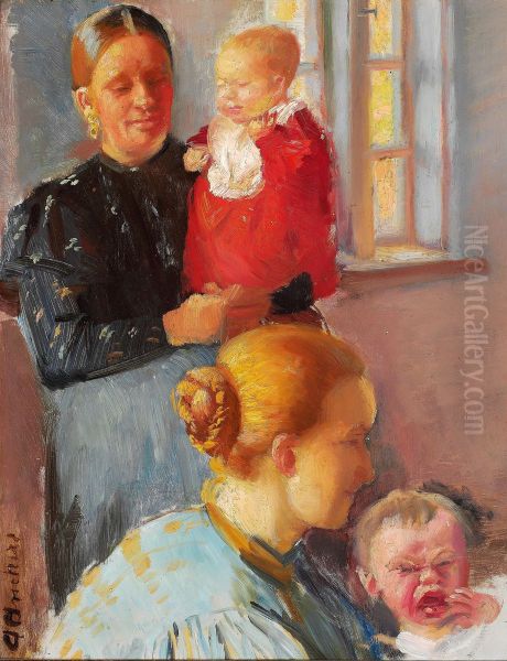 Two young mothers with their small children. Study for "Vaccination". - view 1