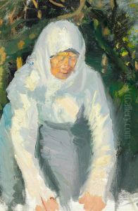 Woman from Skagen with a white scarf. by Anna Ancher