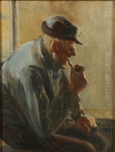 Interior med siddende piberygende fisker. by Michael Peter Ancher