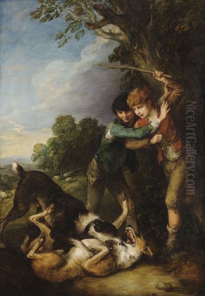 Two Shepherd Boys with Dogs Fighting - view 1