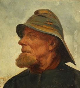 Portrait of the fisherman Jens Diget wearing a sou'wester. Portrait of the fisherman Jens Diget wearing a sou'wester.