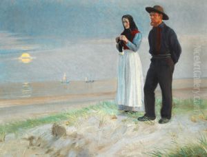 En fisker og hans kone pa stranden, solnedgang. by Michael Peter Ancher