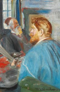 Kroyer sitting in front of the easel with his portrait of Drachmann. Study. by Michael Peter Ancher