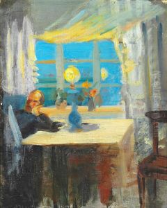 Michael Ancher laeser avis i stuen ved nordstuens vindue. by Anna Ancher