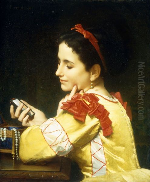 Lady looking in a hand mirror - view 1